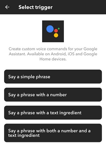 Výběr spouště Google Assistant
