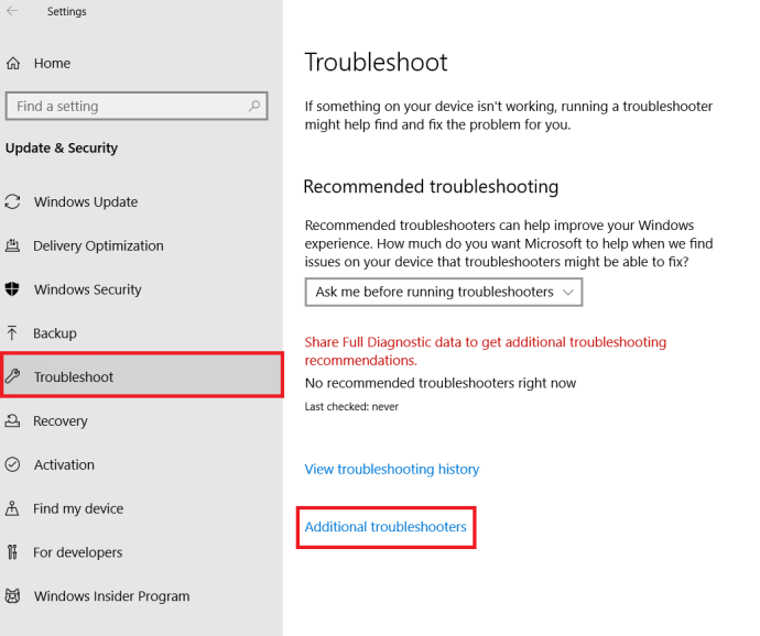 Windows 10 Troubleshoot Menu
