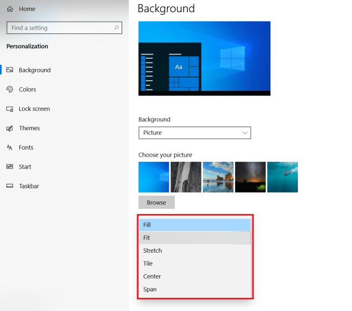 Microsoft Windows 10 Jak změnit tapetu – výplň přizpůsobení