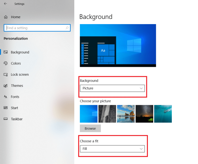 Microsoft Windows 10 fona tapetes maiņa — personalizācijas izvēlne