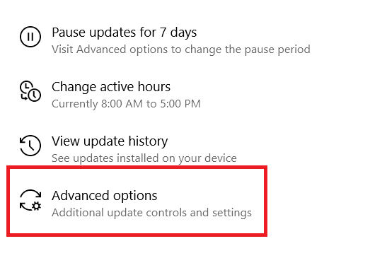 Menú de actualización de Windows