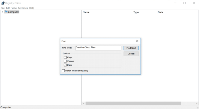 regedit find kreative cloud-filer