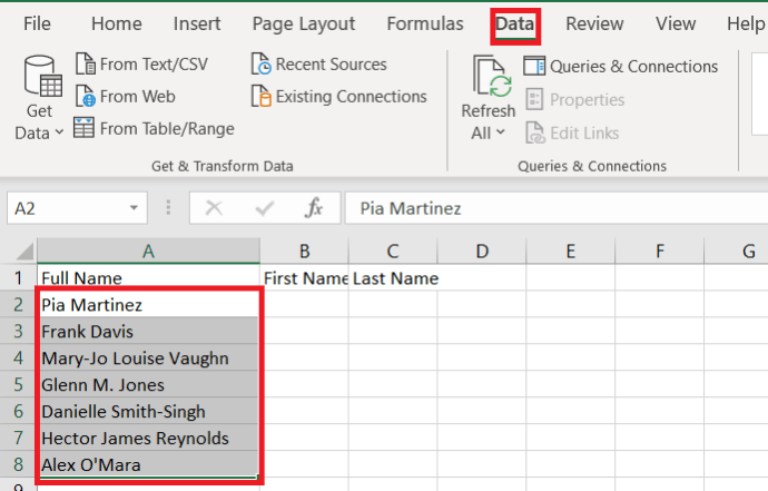 علامة تبويب بيانات Excel