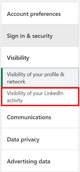 Menu de visibilidade do LinkedIn